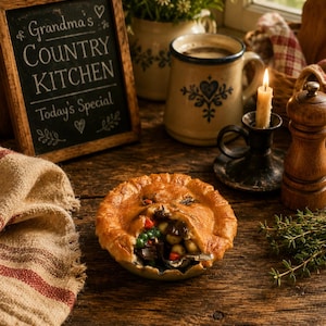 May include: A golden-brown savory pie with a flaky crust, partially opened to reveal a filling of peas, carrots, and meat. Beside it sits a wooden chalkboard sign reading Grandma's Country Kitchen, a ceramic mug, a lit candle, and a pepper mill.