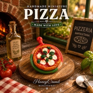 May include: A handmade miniature pizza with mozzarella and basil on a wooden board. The pizza is red, green, and white, and is labeled "Made with Love". A bottle of olive oil and tomatoes are also in the image.