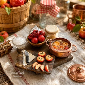 Op de afbeelding: Een miniatuur keuken tafereel met een koperen pan gevuld met appelschijfjes, een houten kom met hele rode appels, een klein mesje op een doek en een kom met suiker. De tekst Honey Crumb Miniatures is zichtbaar aan de linkeronderkant van de afbeelding.