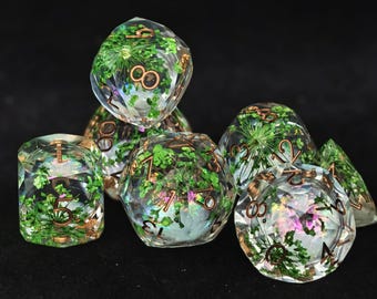 Multi-Faceted Woodland Botanical Liquid Core Dice Set for Tabletop Games, Polyhedral Resin Dice, Liquid Core DnD Dice