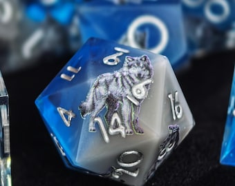Frost Wolf Resin Dice Set, Blue Grey Sharp Edge DnD Dice, Handmade Polyhedral Dice, RPG Dice for TTRPG, Dungeons and Dragons Gifts