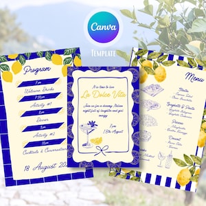 May include: A set of three event stationery cards featuring a lemon and blue theme. The cards display text including Program, Menu, and La Dolce Vita, with illustrations of lemons, foliage, and cocktails on a cream background with blue borders.