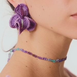 Iris Jewelry Set - Micro Crochet Earrings & Beaded Sense Choker - Purple Floral Gift - Artisan Lilac Botanical Jewels