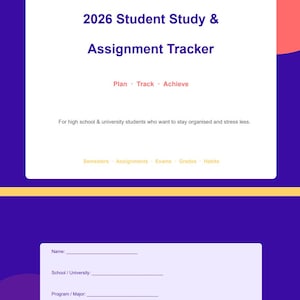 Könnte beinhalten: Ein digitaler Planer mit dem Titel "2026 Student Study & Assignment Tracker" mit weißem Hintergrund und lila und orangefarbenen Akzenten. Der Planer enthält Abschnitte für Planung, Verfolgung und Zielerreichung und ist für Schüler und Studenten konzipiert.