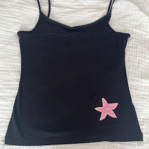 Handmade Pink Star Patch Black Camisole – Minimalist Cotton Tank with Hand-Stitched Star