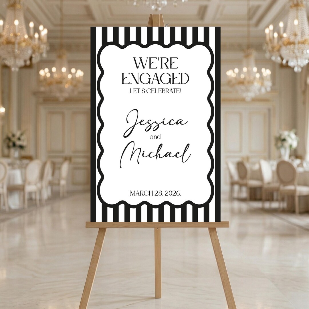 Engaged Sign On String PRINTED & SHIPPED We’re Engaged Sign, Striped Engagement Party Sign ...