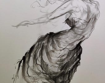 Original Charcoal Pencil Drawing – Female Figure dancing with a hat.