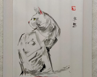 オリジナル水墨画の猫の絵 – 表情豊かな猫のインクアート (8.5インチ x 11インチ)