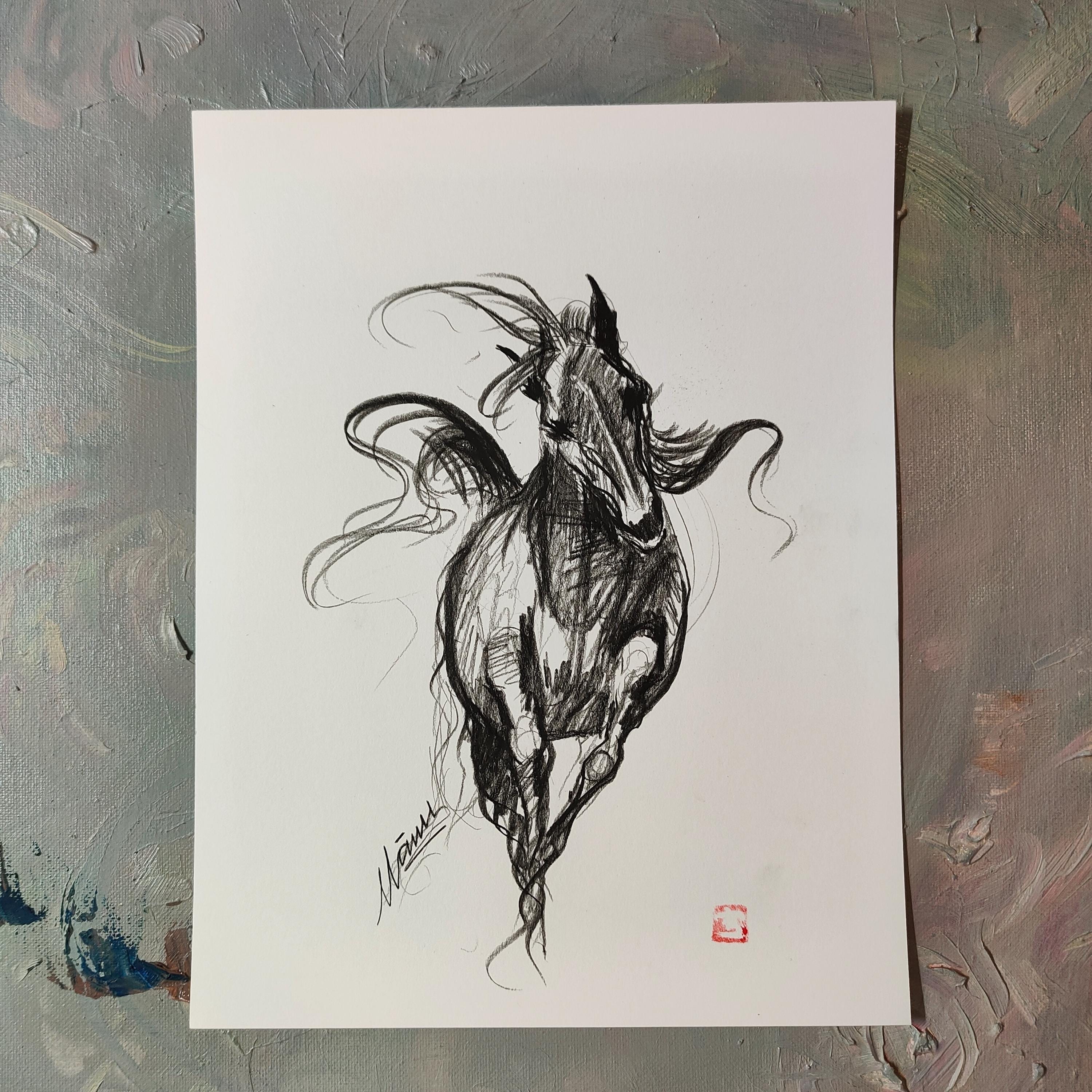 Original Charcoal Running Horse Drawing, Dynamic Equine Fine Art, 8.5x11