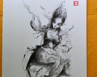 Original Charcoal Pencil Drawing – Female Figure dancing with a hat.