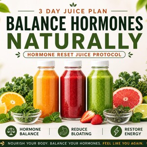 May include: Image of a 3-day juice plan promoting hormone balance. Three glass bottles filled with orange, red, and green juices are displayed with fresh fruit and herbs. Text reads "Balance Hormones Naturally."