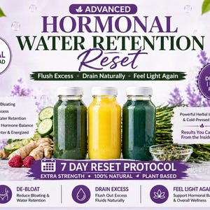 Könnte beinhalten: Werbung für ein 7-Tage-Reset-Protokoll. Das Bild zeigt drei Glasflaschen mit grünen und gelben Flüssigkeiten, zusammen mit Ingwer, Himbeeren und Gurken. Der Text enthält "Advanced Hormonal Water Retention Reset" und "Feel Light Again."