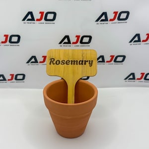 Può includere: Un piccolo vaso per piante color terracotta contenente un segnaposto in legno chiaro. Il segnaposto è rettangolare con un picchetto appuntito e presenta la parola Rosemary incisa con un carattere serif scuro e in grassetto sulla parte frontale.