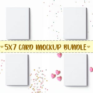 May include: Four blank 5x7 inch cards on a white background with gold, silver, and pink confetti. The cards are arranged in a grid pattern. The text "5X7 CARD MOCKUP BUNDLE" is written in gold letters on a yellow banner.