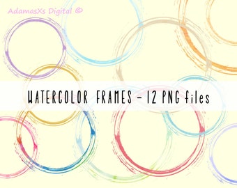 Frame clipart, Watercolor texture, Circle clipart, Watercolor circle frame, Rainbow watercolor, Circle logo, Frames, SET of 12, PNG bundle
