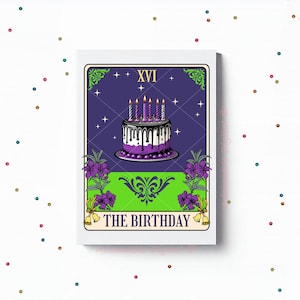 Cartão de felicitações de tarô de aniversário, O aniversário, Impressão fofa única para melhor amiga, Para irmã, Cartão de aniversário retrô engraçado, Bruxa, Astrologia-5x7