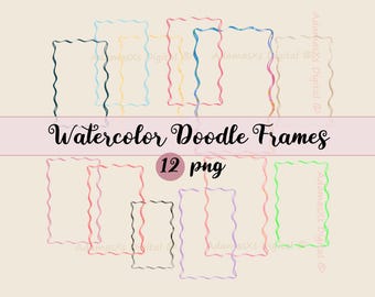 May include: A collection of twelve watercolor doodle frames in various colors, including blue, pink, and green. The text "Watercolor Doodle Frames" and "12 png" are displayed on a light beige background. The frames have a wavy, hand-drawn appearance.