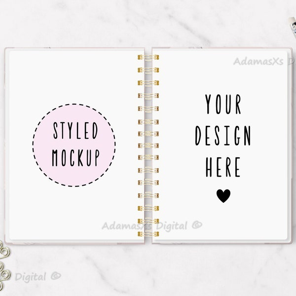 Notebook mockup, spiral notebook, product photography, marble background, open notebook, book mockup, blank planner, JPG, Add your designs!