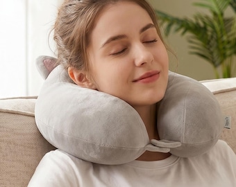 Soft Grey Cat Ears Chunky Travel Neck Pillow | Portable Airplane Car Pillow | U Shaped