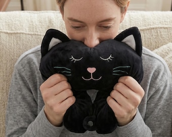 Black Cat Travel Neck Pillow – Soft U-Shaped Memory Foam Head Support