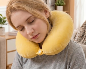 Almohada de viaje amarilla para el cuello / Almohada portátil para avión o coche / Forma de U