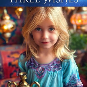 Op de afbeelding: Boekomslag met een jong meisje met blond haar en blauwe ogen dat een gouden lamp vasthoudt. De titel "Zahreen's Three Wishes" staat boven het meisje. De naam van de auteur en illustrator staan onderaan.