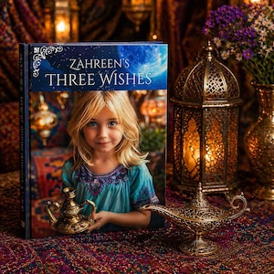 Op de afbeelding: Een kinderboek getiteld "Zahreen's Three Wishes" met een jong meisje dat een gouden geestlamp vasthoudt. De boekomslag heeft een blauwe achtergrond met een maan en sterren. Een decoratieve gouden lamp staat op een patroonkleed, met andere lampen en bloemen op de achtergrond.