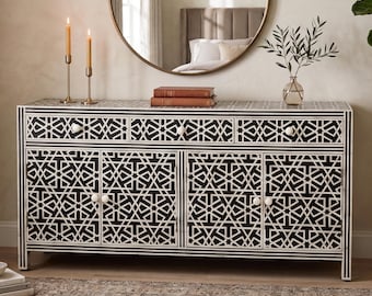 Handmade Bone Inlay Sideboard, Black and White Cabinet, Indian Luxury Storage Furniture
