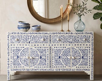 Handmade Bone Inlay Sideboard, Blue Scroll Vine Cabinet, 2 Drawer 4 Door Storage
