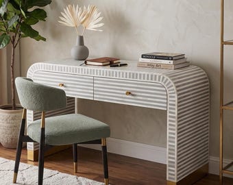 Handmade Bone Inlay Desk with 2 Drawers – Luxury Writing Table, Artisan Furniture