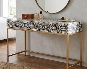Mesa consola con incrustaciones de hueso y 3 cajones / Diseño geométrico gris y blanco / Escritorio de oficina / Tocador