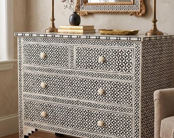 Handmade Bone Inlay Chest of Drawers – Black & White Dresser, Luxury Storage Cabinet