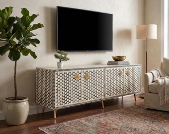 Handmade Bone Inlay Media console 4-Door TV Unit Cabinet, Credenza white entertainment unit