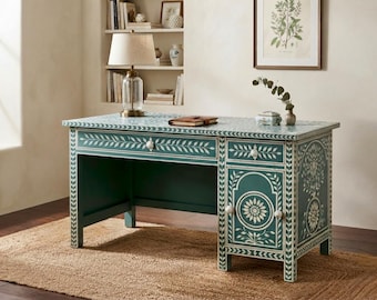 Escritorio con incrustaciones de hueso hecho a mano, mesa de oficina, mesa de estudio verde claro