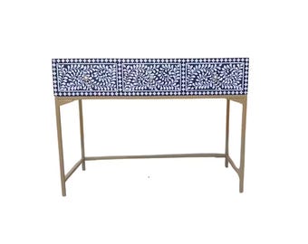 Tocador de 3 cajones con incrustaciones de hueso – Diseño de enredadera en azul marino, consola, escritorio, mesa de estudio, almacenamiento con cajones.