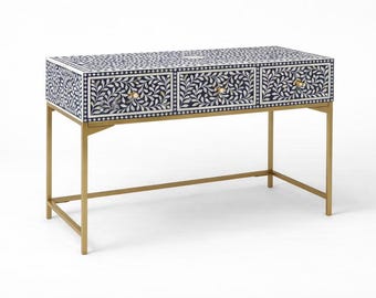 Tavolo da trucco a 3 cassetti con intarsi in osso – Motivo a volute e viticci blu navy, consolle, scrivania, tavolo da studio, con cassetti portaoggetti