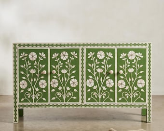 Handmade Bone Inlay Sideboard, Green Sunflower Cabinet, 4 Door Storage