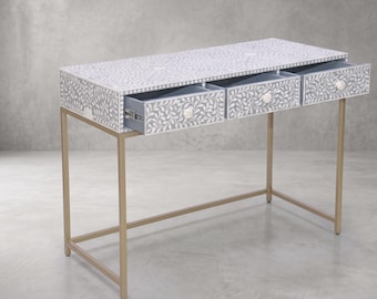 Bone Inlay storage Vanity and Stool | Drawer Storage Desk | Work Table | Home Decor Console.