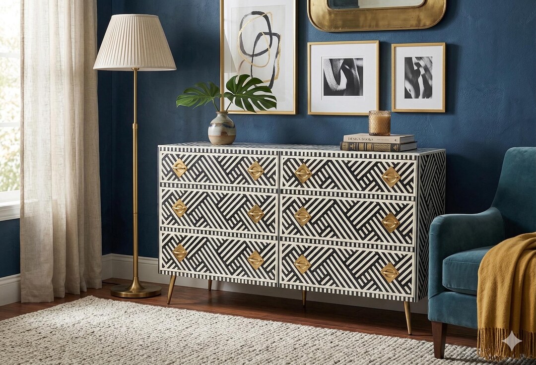 Handmade Bone Inlay Chest of Drawers, Optical Pattern 6 Drawer Cabinet ...