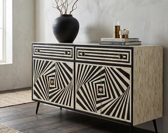 Handmade Bone Inlay Sideboard, Black Cabinet, 4 Door 2 Drawer  Storage Furniture