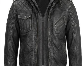 Herr 2-i-1 läderbomberjacka | Avtagbar huva, quiltad motocrossstil och sliten finish. Premium vinterutrustning. Anpassade storlekar XS-9XL. Handla nu!