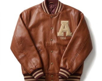 Vintage 1958 Heritage Pebbled Läder Varsity Jacka – Cognac Brun College 'A' Patch Bomber – Lyxig Överdimensionerad Retro Moto-Streetwear