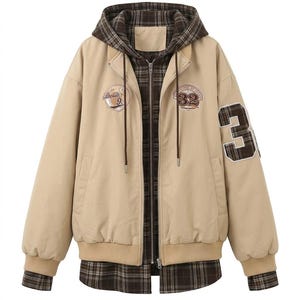 Giacca bomber college personalizzata con ricami e cappuccio a quadri / Cappotto da college patchwork