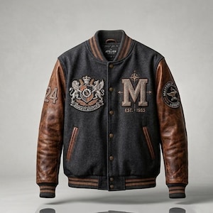 Könnte beinhalten: Grau-braune Collegejacke mit Lederärmeln. Die Jacke hat gestickte Aufnäher, darunter ein Wappen, den Buchstaben "M" und die Zahl "24". Sie hat einen gerippten Kragen, Bündchen und Saum.