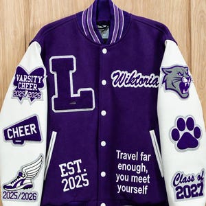 Personalized Letterman Jacket | Purple White Outerwear with Patches