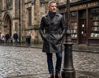 Handgjord dubbelknäppt trenchcoat i läder för män, lång jacka i äkta kohud med bälte, specialdesignad vinteröverrock för honom, plusstorlek upp till 9XL