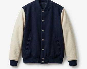 Premium Varsity Bomberjacka i ullblandning – Marinblå och krämfärgad Letterman-stil