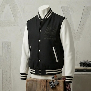 Custom 2026 Varsity Jacket: Premium Black & White Wool/Leather. Vintage Style. Sizes XS-6XL. Handmade in Pakistan. Perfect Gift!