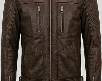 Handgjord brun quiltad lädercaferacerjacka för män, äkta lammskinnsbikerjacka med ståkrage, present till honom, storlekar XS till 9XL