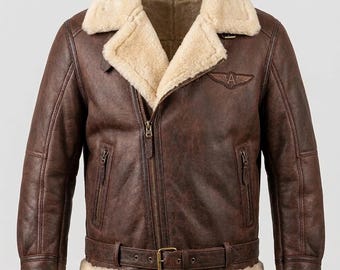 Herr B3 Aviator Fårskinnsbomberjacka i skinn | Brun pilotkappa i slitet fårskinn | Handgjord äkta vinterflygjacka upp till 9XL